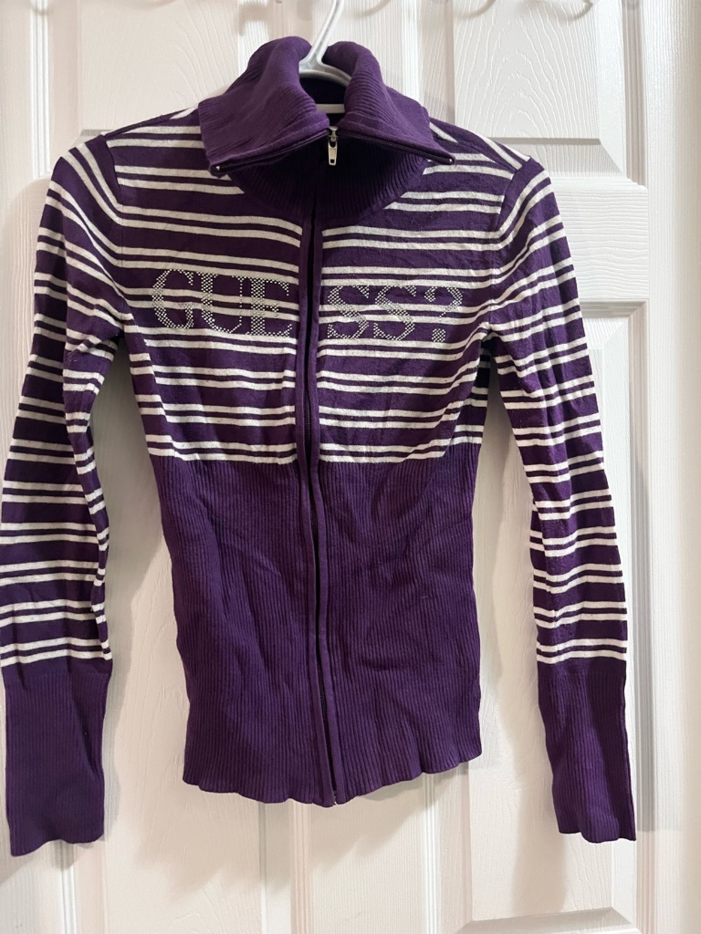 Guess Purple and White Striped Zip-Up Hoodie